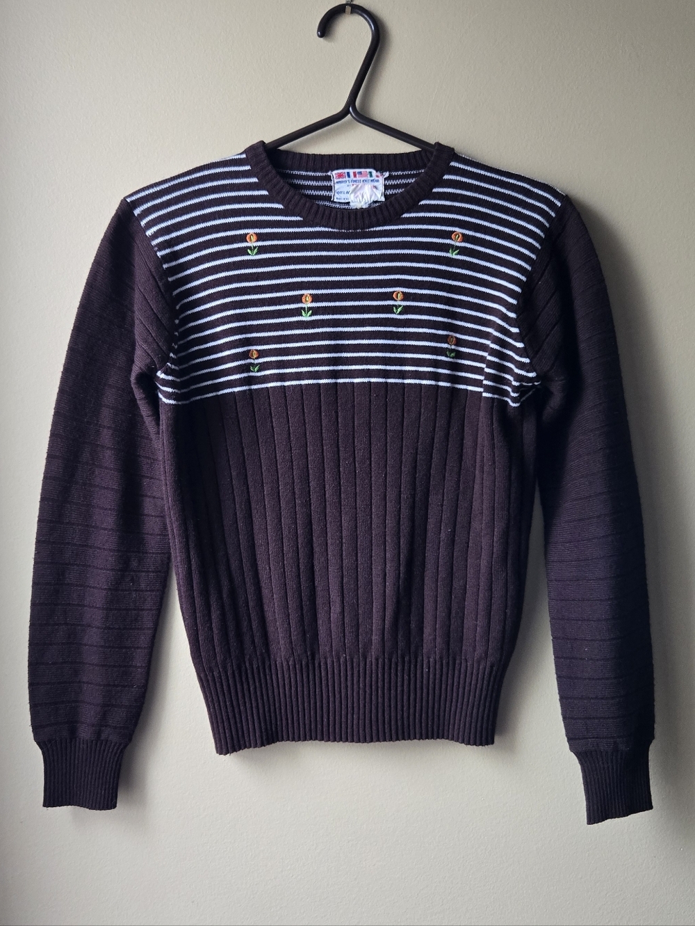 Brown Striped Crewneck Sweater with Embroidered Orange Flower Accents
